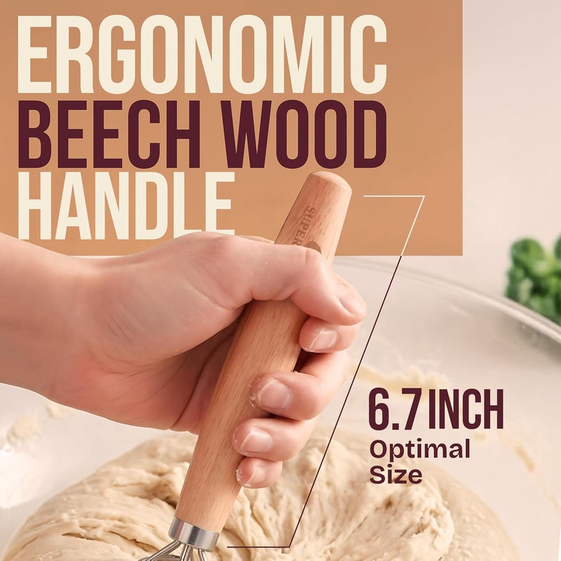 Superbaking Danish Dough Whisk - 12" Bread Whisk for Dough Mixing - Single Eye Design Sourdough Whisk - Sourdough Bread Baking Supplies - Bread Making Tools and Accessories - Ergonomic Wooden Handle - Image 4